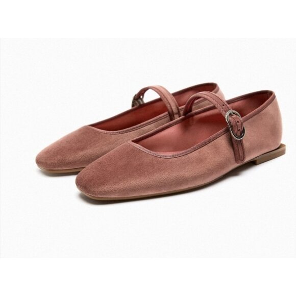 Zara Shoes Women's Size 37 Blush pink  Velvet Mary Jane Flats Square Toe Ballet - Picture 3 of 11